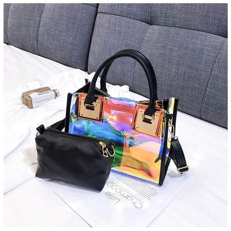 AlwaySky Women Transparent Shoulder Bag, 2 in 1 Designer Fashion Handbag Tote Purse Waterproof Summer Beach Bag Satchel, Laser-Black - Image 2